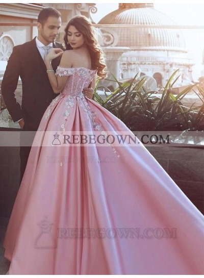2023 Ball Gown Satin Appliques Off -the -Shoulder Sleeveless Sweep/Brush Train Prom Dresses