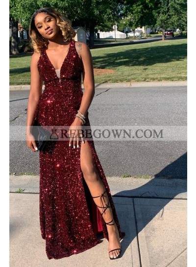 2023 Sheath/Column Sequins V-neck Sleeveless Floor-Length Prom Dresses