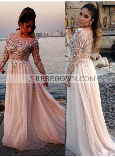 Beading Long Sleeve A-Line Chiffon 2023 Glamorous Pink Prom Dresses