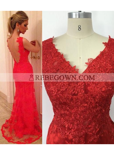 2023 Gorgeous Red Long Floor length V-Neck Lace Prom Dresses