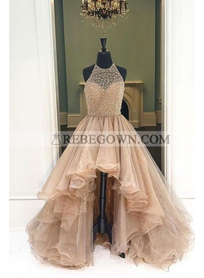 2023 Halter Beaded High Low Organza Champagne Prom Dresses