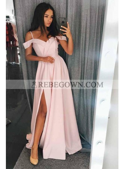 2023 Cute Pink Off the Shoulder Split Satin Prom Dresses