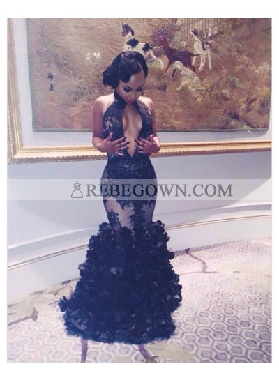 2023 Gorgeous Black Prom Dresses Mermaid  Layers Deep V Sexy Long Appliques