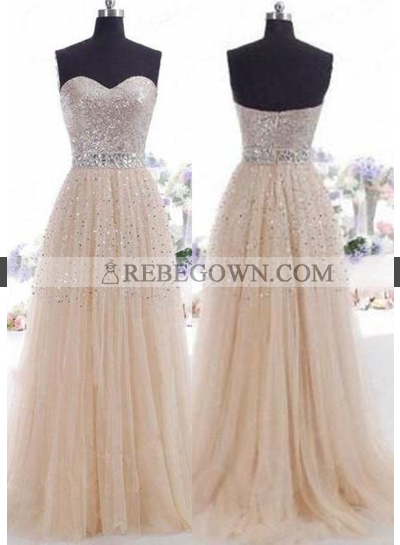 Champagne Beading Sweetheart A-Line Tulle Prom Dresses