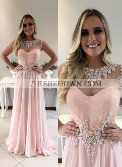 Beading Jewel Neck A-Line Chiffon 2023 Glamorous Pink Prom Dresses