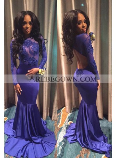 rebe gown 2023 Blue Sexy Appliques Open-Back Mermaid Prom Dresses