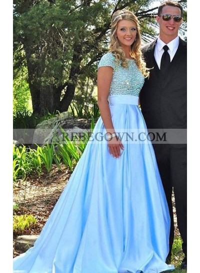 rebe gown 2023 Blue Prom Dresses Round Neck Beading A-Line Satin