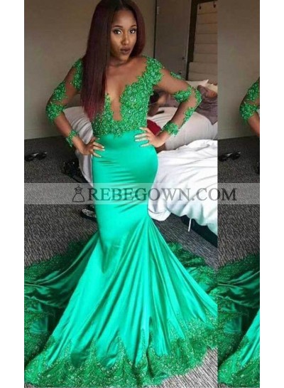 Appliques Sheer Sleeves Mermaid Stretch Satin Green Prom Dresses