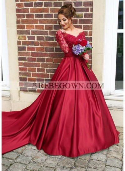 2023 Gorgeous Red V-Neck Long Sleeve Beading Sweep/Brush Train Satin Prom Dresses