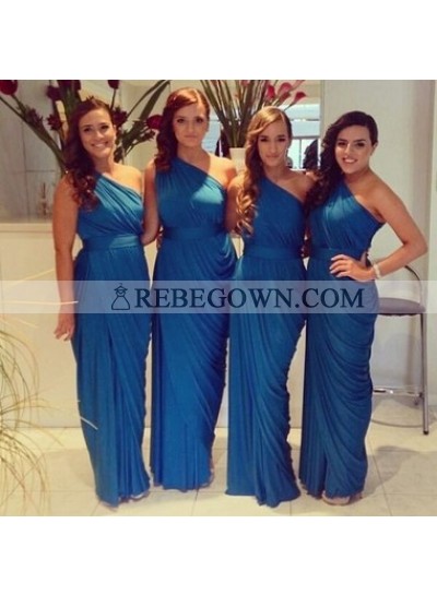 Royal Blue Column Ruffle One Shoulder Chiffon Long Bridesmaid Dresses / Gowns