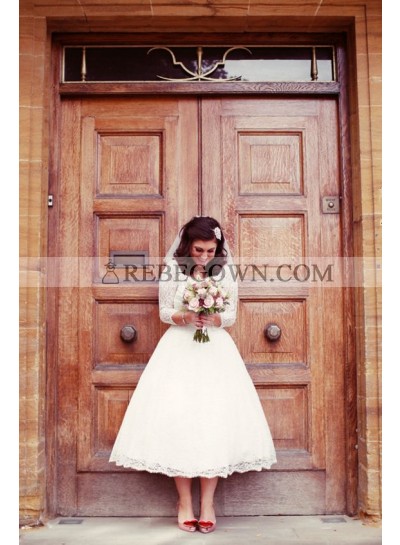 2023 Cheap A Line Lace Long Sleeves Tea Length Wedding Dresses / Gowns