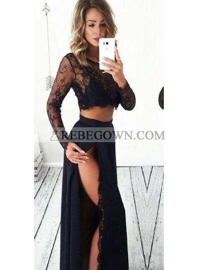 Princess/A-Line Long Sleeves Black Two Pieces Prom Dresses