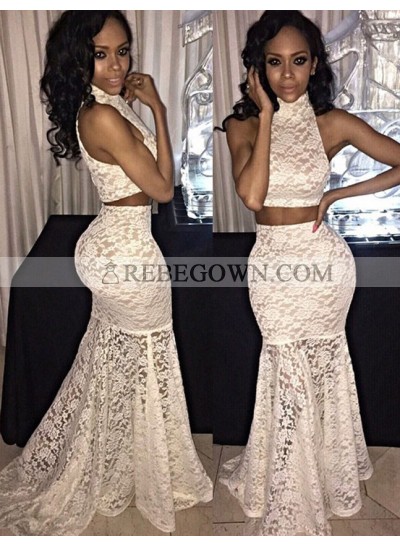 White Mermaid Lace Two Pieces Prom Dresses