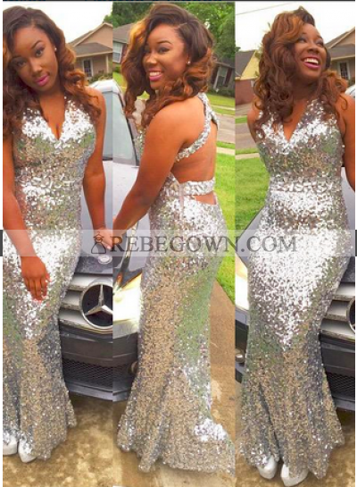 Silver V-neck Mermaid Sequence Prom Dresses