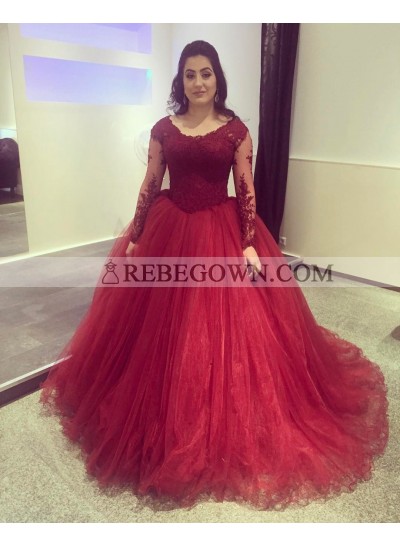 2023 Cheap Ball Gown Long Sleeves Tulle Burgundy Prom Dresses