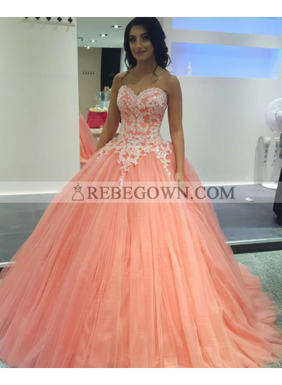 2023 Charming Peach Tulle Ball Gown Sweetheart Prom Dresses