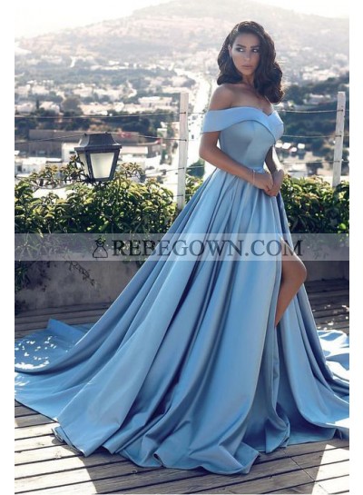 2023 Elegant Princess/A-Line Blue Sweetheart Satin Side Slit Off The Shoulder Prom Dresses