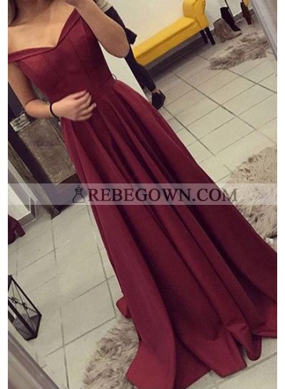 Princess/A-Line Burgundy Satin Sweep Train Off The Shoulder Prom Dresses