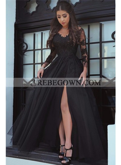 2023 Cheap Princess/A-Line Black Long Sleeves Tulle Prom Dresses