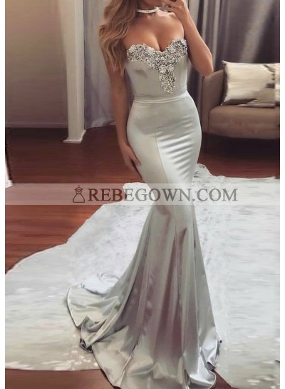 2023 Siren Silver Mermaid Sweetheart Beaded Elastic Satin Prom Dresses