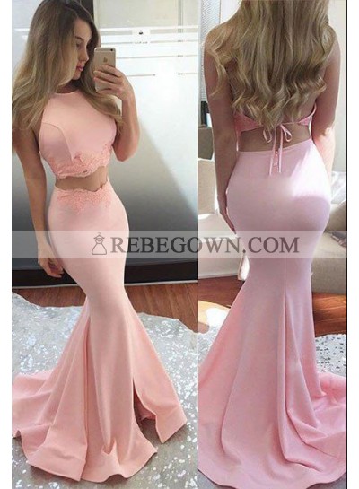 2023 Charming Mermaid Two Pieces Satin Pink Prom Dresses
