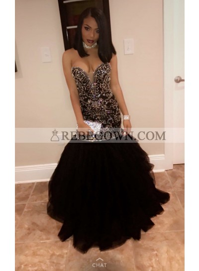2023 Sexy Black Mermaid  Sweetheart Beaded Ruffles Prom Dresses
