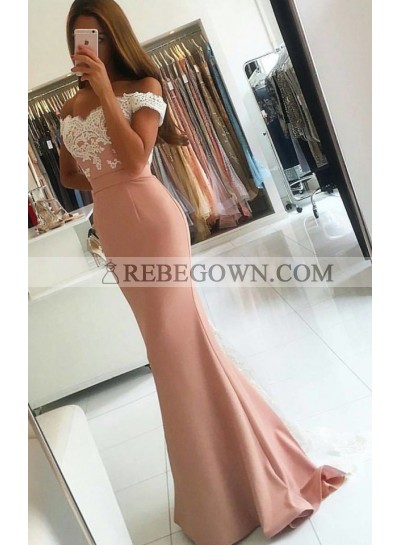 Dusty Rose Satin Off The Shoulder Lace Prom Dresses