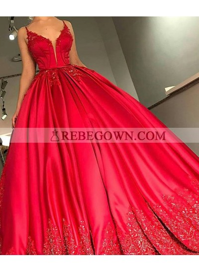 Red Sweetheart Ball Gown Prom Dresses With Appliques