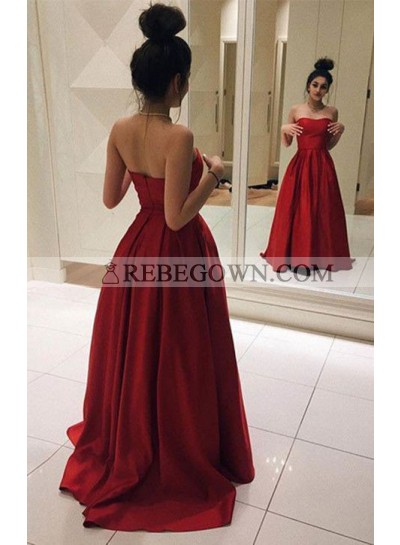 2023 Cheap Princess/A-Line Satin Strapless Red Prom Dresses