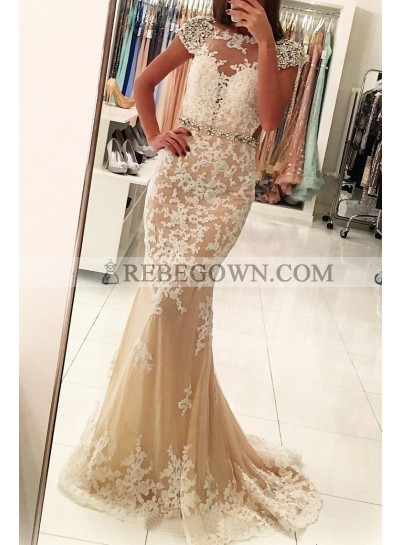 Champagne Mermaid  Capped Sleeves Tulle Prom Dresses With Appliques