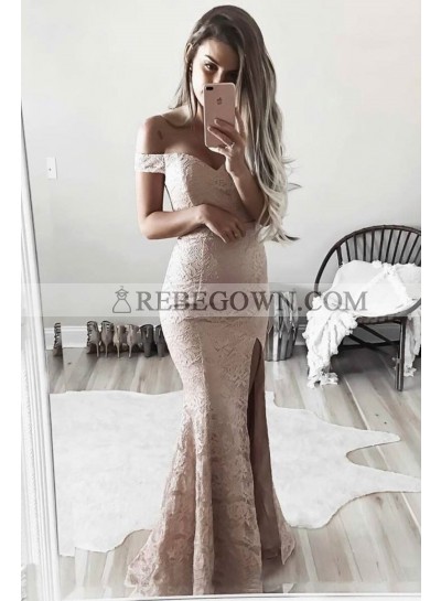 Sheath Lace Off The Shoulder Pearl Pink Prom Dresses