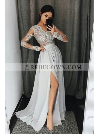 2023 Cheap Princess/A-Line Chiffon Side Slit Silver Long Sleeves Prom Dresses
