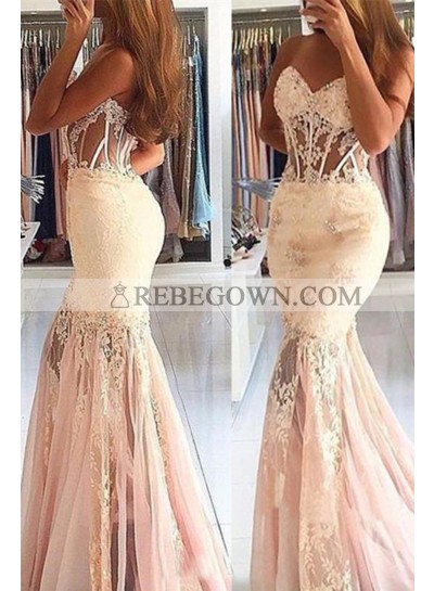 Pale Pink Tulle Sweetheart Mermaid  Prom Dresses With Appliques