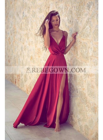 2023 Siren Princess/A-Line Red Satin Side Slit Prom Dresses