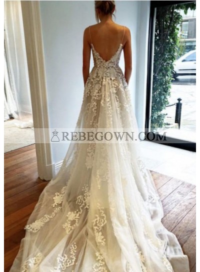 Backless A Line V Neck Tulle 2023 Lace Spaghetti Straps Wedding Dresses