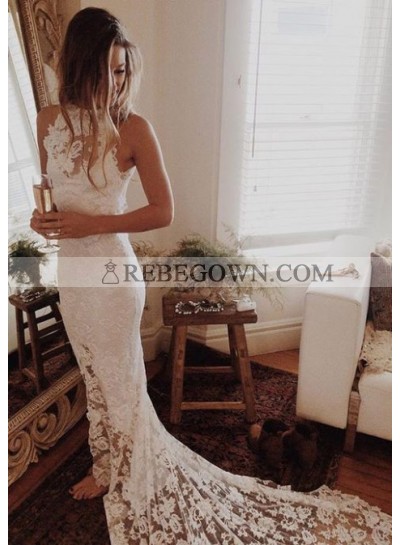 Sheath/Column 2023 Lace Backless Wedding Dresses