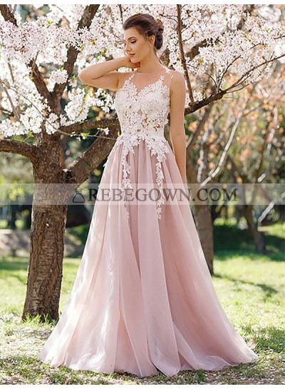 2023 Blushing Pink A-line Chiffon Appliques Prom Dresses
