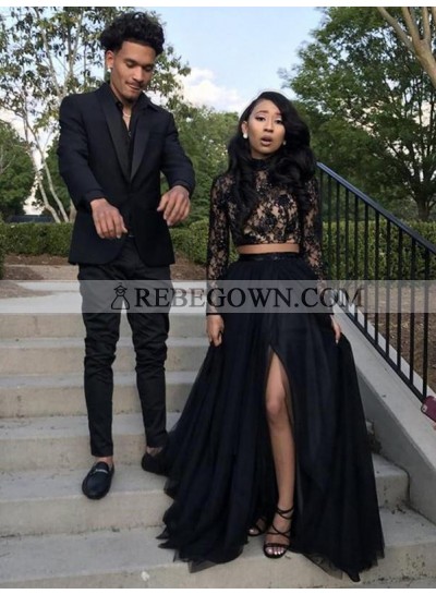 Black Long Sleeves Side Slit Two Pieces Beaded Lace Prom Dresses 2023