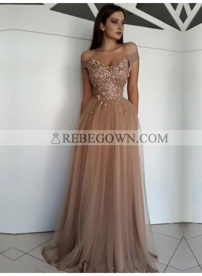 2023 A-Line Tulle Sweetheart Off The Shoulder Champagne Prom Dresses