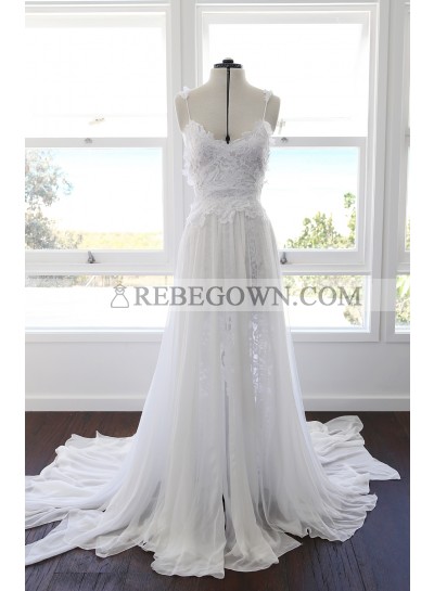 Cheap A Line Sweetheart Spaghetti Straps Side Slit Chiffon Lace Beach Wedding Dresses 2023