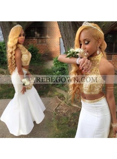 2023 Cheap Mermaid  High Neck Two Pieces Gold and White Prom Dresses