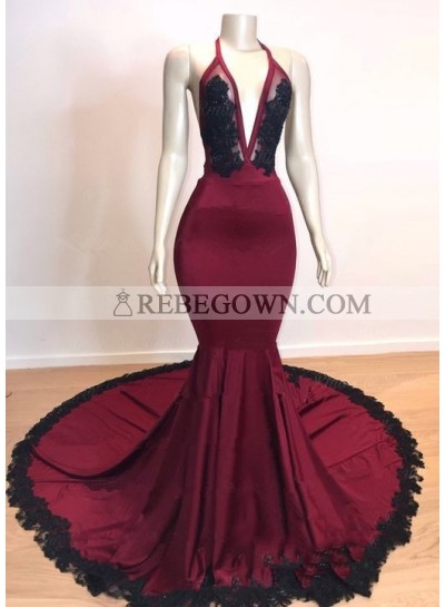 Sexy Mermaid  V Neck Backless Burgundy And Black Long Prom Dress 2023