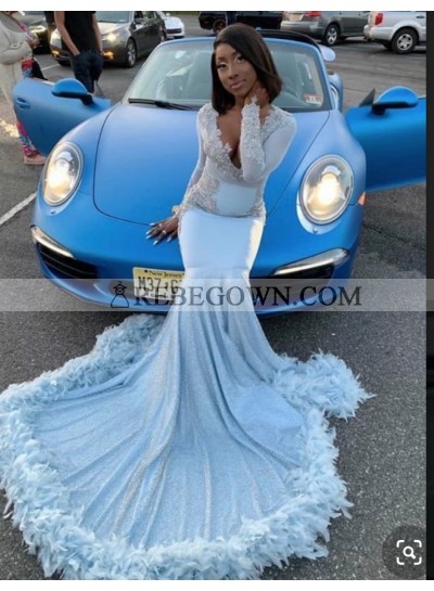 New Arrival Sky Blue Long Sleeves Satin Mermaid Prom Dress 2023