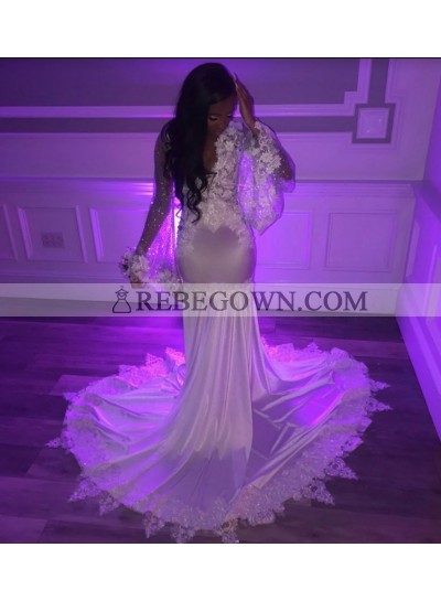 White Mermaid 2023 Long Sleeve Prom Dresses