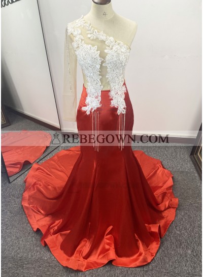 One Shoulder Red Beaded Long Sleeves Mermaid Prom Dresses
