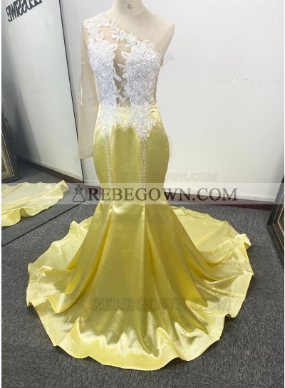 Daffodil One Shoulder Beaded Long Sleeves Mermaid Prom Dresses