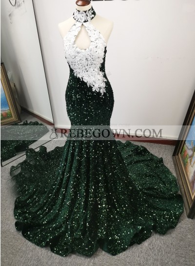 Dark Green Sequins Mermaid Halter Prom Dresses