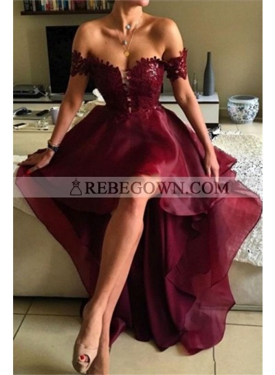 2023 Unique Burgundy Off the Shoulder High Low Lace Prom Dresses