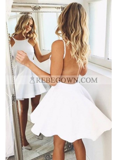 Cute Satin Backless White Short Prom Dresses