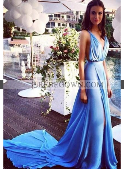 rebe gown 2023 Blue Front-Slit Spaghetti Straps Chiffon Prom Dresses
